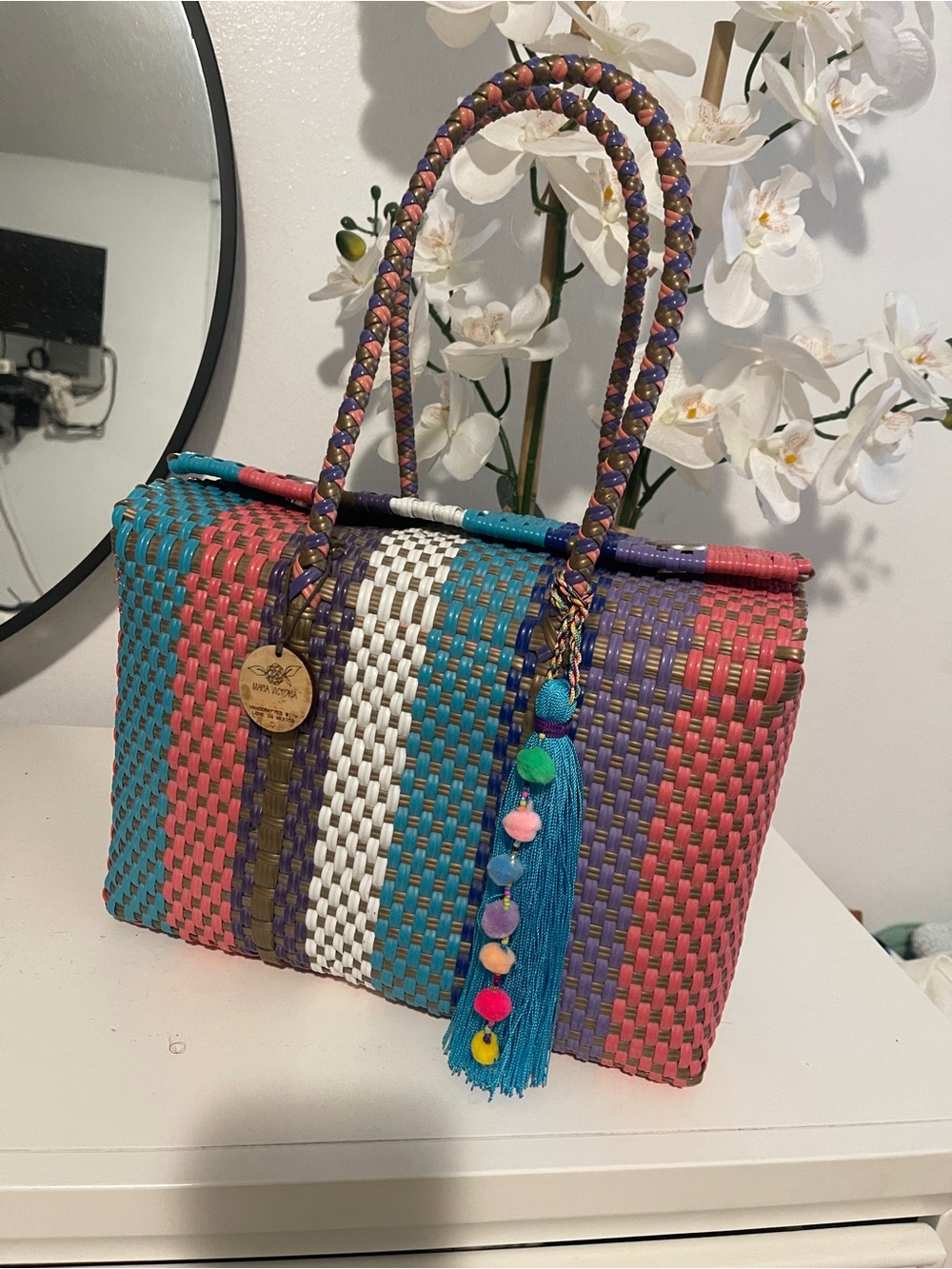 Maria Victoria Authentic Colorful Woven Tote Bag with Pom Tassel